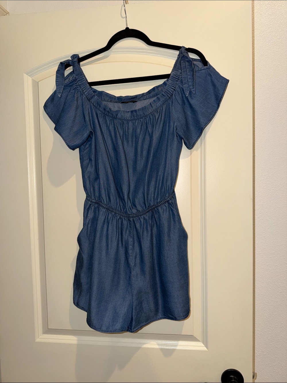 Women’s Off-Shoulder Denim Tunic Romper in Blue